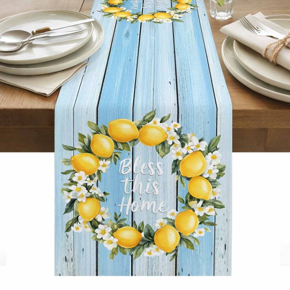 Table Runner 13x36in Inches Long, Bless Home Words Wreath Linen Washable Dresser Scarf Summer Lemon Flower on Blue Wood Kitchen Dinning Tablerunners for Holiday/Party/Wedding/Home Tables Decor