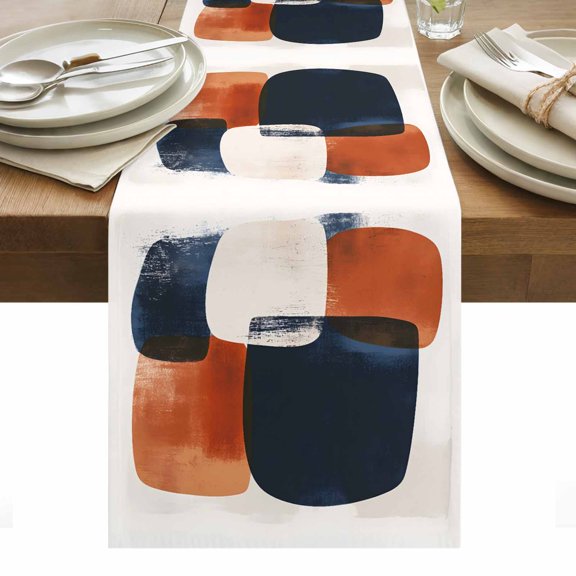 Table Runner 13x36in Inches Long, Bohemian Color Block Nordic Style Linen Washable Dresser Scarf Terracotta Aesthetic Kitchen Dinning Tablerunners for Holiday/Party/Wedding/Home Tables Decor