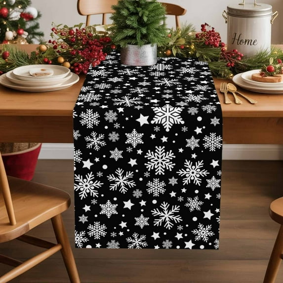 Table Runner 13x36in Inches Long, Christmas Winter SnowflakesLinen Washable Dresser Scarf Black and WhiteKitchen Dinning Tablerunners for Holiday/Party/Wedding/Home Tables Decor