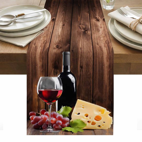 Table Runner 13x36in Inches Long, Farm Red Wine Grape Vintage Wood Board Linen Washable Dresser Scarf Cheese Fruit Wine Glass Kitchen Dinning Tablerunners for Holiday/Party/Wedding/Home Tables Decor