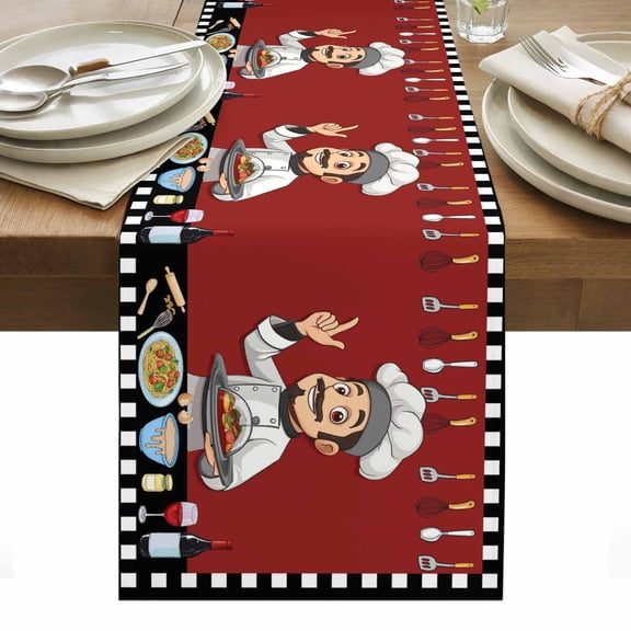 Table Runner 13x36in Inches Long, Fun Chef Kitchenware Food Burgundy Red Linen Washable Dresser Scarf Black White Checker Kitchen Dinning Tablerunners for Holiday/Party/Wedding/Home Tables Decor