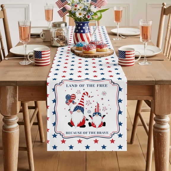 Table Runner 13x36in Inches Long, Funny Dwarfs and Flag Balloon Linen Washable Dresser Scarf Blue Red Stars Kitchen Dinning Tablerunners for Holiday/Party/Wedding/Home Tables Decor