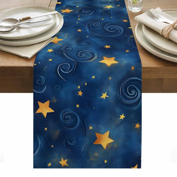 Table Runner 13x36in Inches Long, Gold Star Swirling on Dark Blue Linen Washable Dresser Scarf Universe Starry Sky Retro Style Kitchen Dinning Tablerunners for Holiday/Party/Wedding/Home Tables Decor