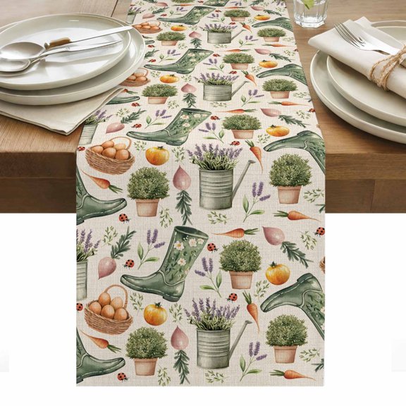 Table Runner 13x36in Inches Long, Green Boots Lavender Flower Linen Washable Dresser Scarf Retro Farm Thing on Linen Kitchen Dinning Tablerunners for Holiday/Party/Wedding/Home Tables Decor