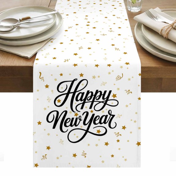 Table Runner 13x36in Inches Long, Happy New Year Words Pattern Linen Washable Dresser Scarf Gold Stars Kitchen Dinning Tablerunners for Holiday/Party/Wedding/Home Tables Decor