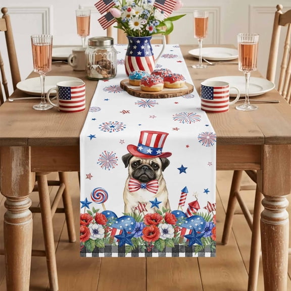 Table Runner 13x36in Inches Long, Independence Day Pug Linen Washable Dresser Scarf 250th Anniversary Flowers Firework Kitchen Dinning Tablerunners for Holiday/Party/Wedding/Home Tables Decor