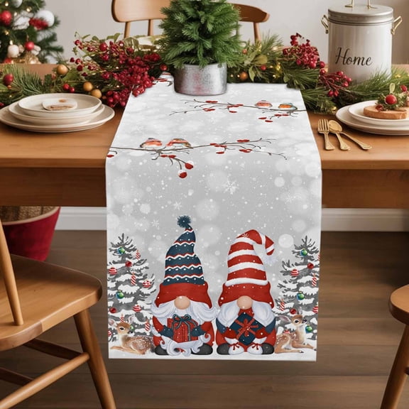 Table Runner 13x36in Inches Long, Merry Xmas Gray Dwarfs Elk BirdLinen Washable Dresser Scarf Pine Tree Berry SnowflakeKitchen Dinning Tablerunners for Holiday/Party/Wedding/Home Tables Decor