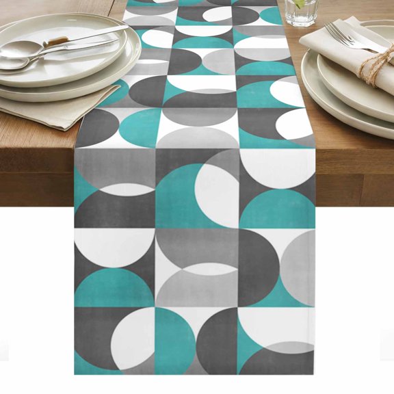 Table Runner 13x36in Inches Long, Mid Century Nordic Abstract Linen Washable Dresser Scarf Colorful Splicing Semicircle Kitchen Dinning Tablerunners for Holiday/Party/Wedding/Home Tables Decor