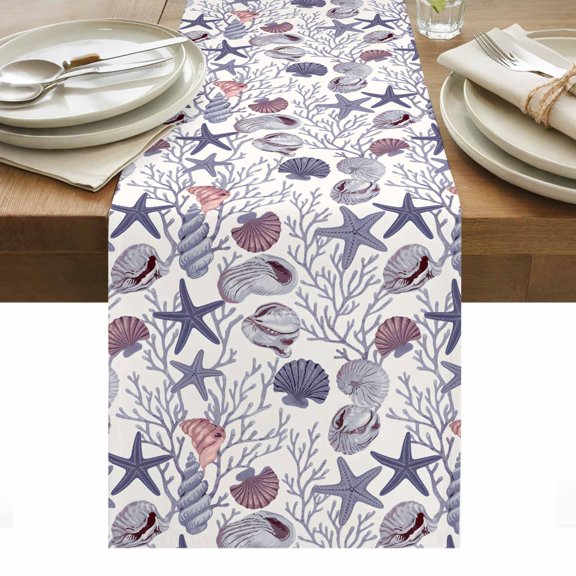 Table Runner 13x36in Inches Long, Ocean Purple Starfish Coral Shell on Beige Linen Washable Dresser Scarf Underwater Kitchen Dinning Tablerunners for Holiday/Party/Wedding/Home Tables Decor