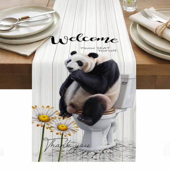 Table Runner 13x36in Inches Long, Panda Sitting on The Toilet Linen Washable Dresser Scarf Farm Flower Retro Wood Grain Kitchen Dinning Tablerunners for Holiday/Party/Wedding/Home Tables Decor