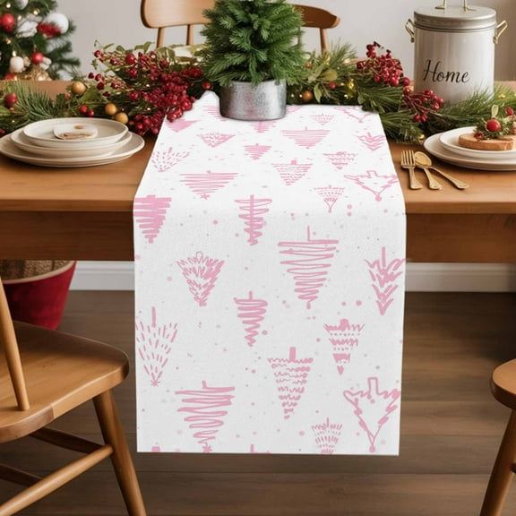 Table Runner 13x36in Inches Long, Retro Pink Christmas TreeLinen Washable Dresser Scarf Abstract Winter ArtKitchen Dinning Tablerunners for Holiday/Party/Wedding/Home Tables Decor