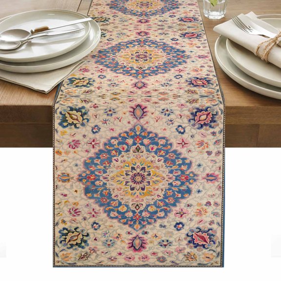Table Runner 13x36in Inches Long, Retro Turkish Tradition Flower Linen Washable Dresser Scarf Medieval Ethnic Pattern Kitchen Dinning Tablerunners for Holiday/Party/Wedding/Home Tables Decor