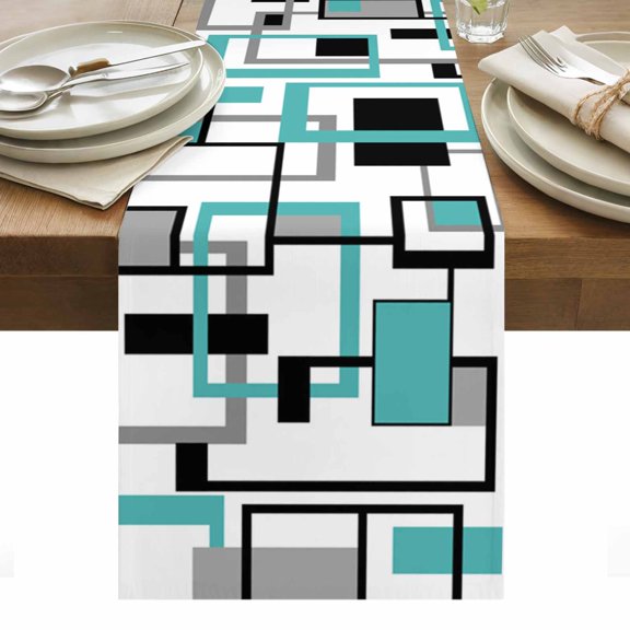 Table Runner 13x36in Inches Long, Teal Abstract Geometric Retro Mid Century Linen Washable Dresser Scarf Nordic Style Kitchen Dinning Tablerunners for Holiday/Party/Wedding/Home Tables Decor