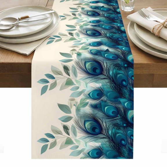 Table Runner 13x36in Inches Long, Tropical Peacock Feathers Linen Washable Dresser Scarf Classic Gradient Teal Pattern Kitchen Dinning Tablerunners for Holiday/Party/Wedding/Home Tables Decor