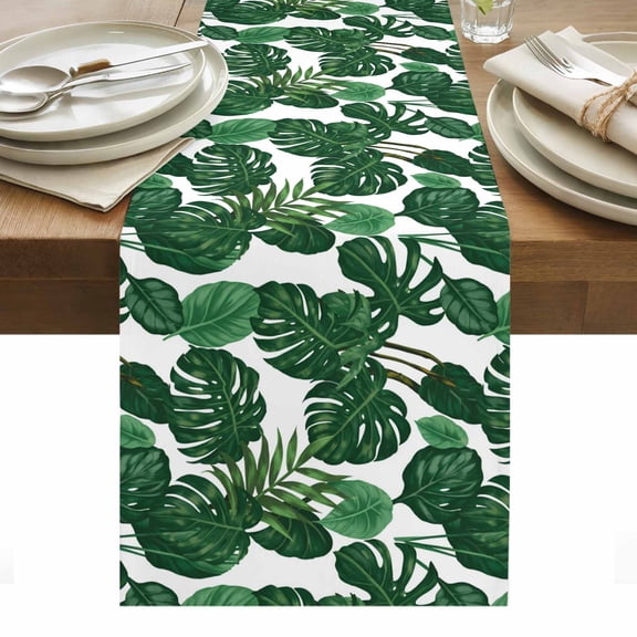 Table Runner 13x36in Inches Long, Tropical Plants Turtle Backwood Linen Washable Dresser Scarf Watercolor Green Leaves Kitchen Dinning Tablerunners for Holiday/Party/Wedding/Home Tables Decor