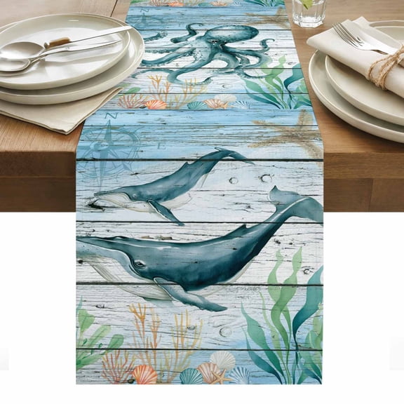 Table Runner 13x36in Inches Long, Turtle Seahorse Octopus Whale Linen Washable Dresser Scarf Marine Life on Wood Kitchen Dinning Tablerunners for Holiday/Party/Wedding/Home Tables Decor