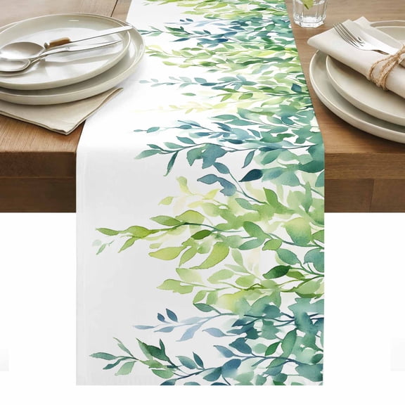 Table Runner 13x36in Inches Long, Watercolor Foliage Pastoral Willow Linen Washable Dresser Scarf Spring Gradient Plant Kitchen Dinning Tablerunners for Holiday/Party/Wedding/Home Tables Decor