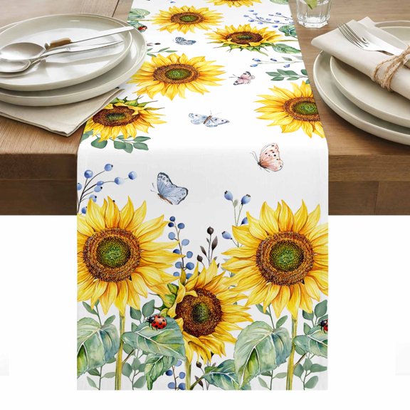 Table Runner 13x36in Inches Long, Watercolor Sunflower Butterfly Greenery Linen Washable Dresser Scarf Bloom Floral on White Kitchen Dinning Tablerunners for Holiday/Party/Wedding/Home Tables Decor