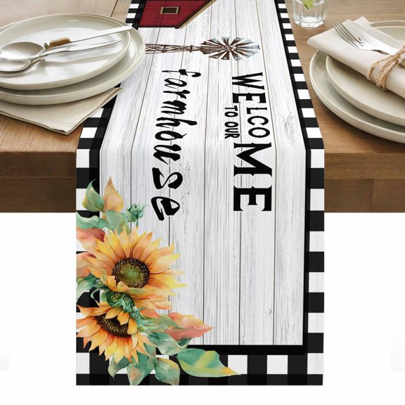 Table Runner 13x36in Inches Long, Welcome to Our Farmhouse Words Linen Washable Dresser Scarf Rooster Windmill Sunflowers Kitchen Dinning Tablerunners for Holiday/Party/Wedding/Home Tables Decor