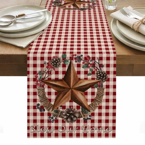 Table Runner 13x36in Inches Long, Western Star Wreath Bless Home Linen Washable Dresser Scarf Red Buffalo Plaid Kitchen Dinning Tablerunners for Holiday/Party/Wedding/Home Tables Decor