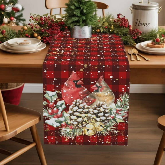 Table Runner 13x36in Inches Long, Winter Cardinals Bird Pine ConeLinen Washable Dresser Scarf Christmas Red Buffalo PlaidKitchen Dinning Tablerunners for Holiday/Party/Wedding/Home Tables Decor
