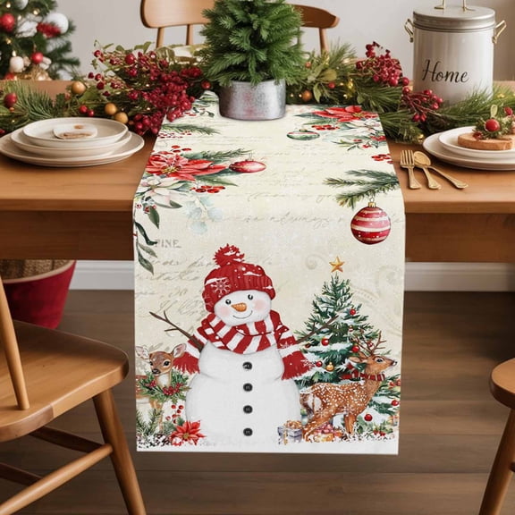 Table Runner 13x36in Inches Long, Xmas Snowman Pine Tree Elk SnowflakeLinen Washable Dresser Scarf Poinsettia Retro LetterKitchen Dinning Tablerunners for Holiday/Party/Wedding/Home Tables Decor