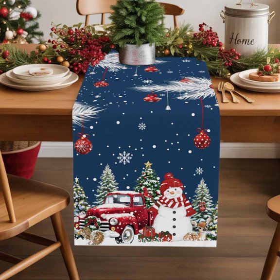 Table Runner 13x36in Inches Long, Xmas Truck Ball Tree Snowman Elk SnowLinen Washable Dresser Scarf Winter Fir Leaves Navy BlueKitchen Dinning Tablerunners for Holiday/Party/Wedding/Home Tables Decor