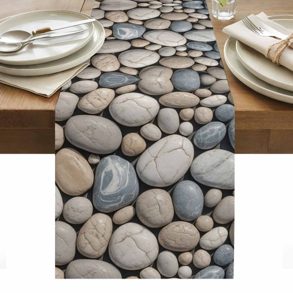 Table Runner 13x36in Long, Abstract Natural Grey Cobblestone Linen Washable Dresser Scarf Modern Grey Pebble Stone Kitchen Dinning Tablerunners for Holiday/Party/Wedding/Home Tables Decor