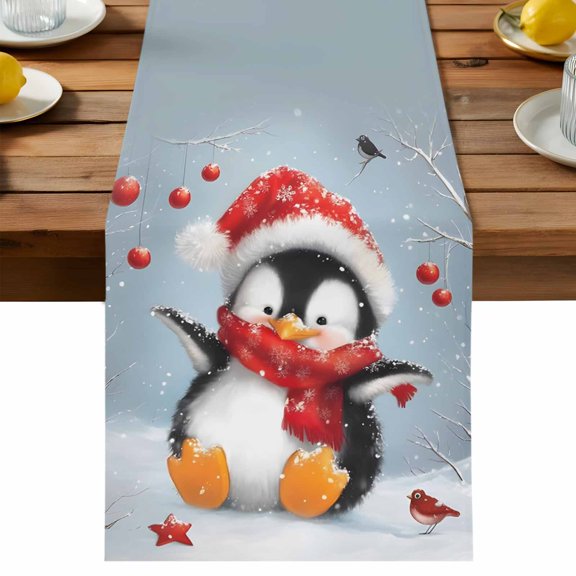 Table Runner 13x36in Long, Merry Christmas Penguin Red Hat Linen Washable Dresser Scarf Winter Tree Branch Balls Kitchen Dinning Tablerunners for Holiday/Party/Wedding/Home Tables Decor