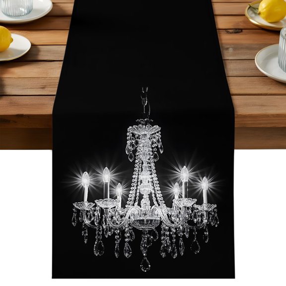 Table Runner 13x36in Long, Modern Crystal Lighting on Black Linen Washable Dresser Scarf Chandelier Candle Kitchen Dinning Tablerunners for Holiday/Party/Wedding/Home Tables Decor
