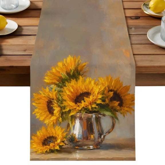 Table Runner 13x36in Long, Oil Style Farm Sunflowers Linen Washable Dresser Scarf Reflective Metal Pitcher Kitchen Dinning Tablerunners for Holiday/Party/Wedding/Home Tables Decor