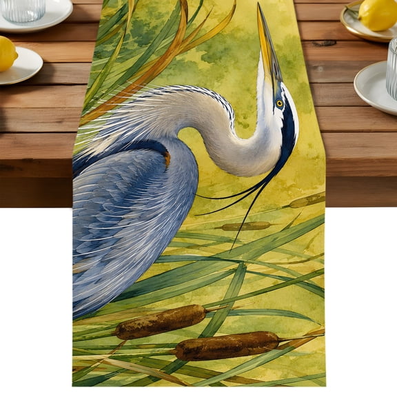 Table Runner 13x36in Long, Rustic Slate Blue Heron Linen Washable Dresser Scarf Farmhouse White Lotus Kitchen Dinning Tablerunners for Holiday/Party/Wedding/Home Tables Decor