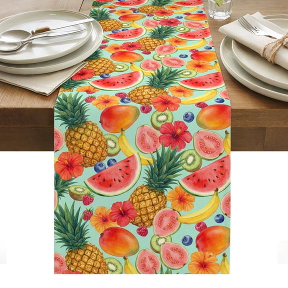 Table Runner 13x36in Long, Summer Fruits Watermelon Pineapple Linen Washable Dresser Scarf Mango Barley Kiwi Kitchen Dinning Tablerunners for Holiday/Party/Wedding/Home Tables Decor