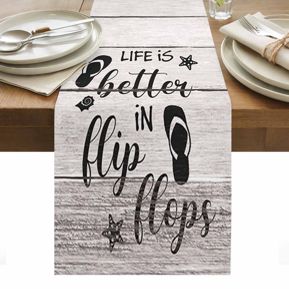 Table Runner 13x36in Long, Summer Ocean Theme Texts with Flip Flops Linen Washable Dresser Scarf Wooden Grain Kitchen Dinning Tablerunners for Holiday/Party/Wedding/Home Tables Decor