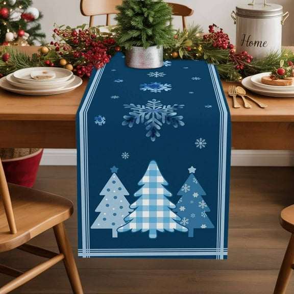 Table Runner 13x70in Inches Long, Christmas Tree Winter SnowflakesLinen Washable Dresser Scarf Blue White Plaid StripedKitchen Dinning Tablerunners for Holiday/Party/Wedding/Home Tables Decor