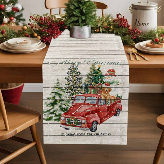 Table Runner 13x70in Inches Long, Merry Christmas Word on Farm WoodLinen Washable Dresser Scarf Red Truck Dog SnowmanKitchen Dinning Tablerunners for Holiday/Party/Wedding/Home Tables Decor