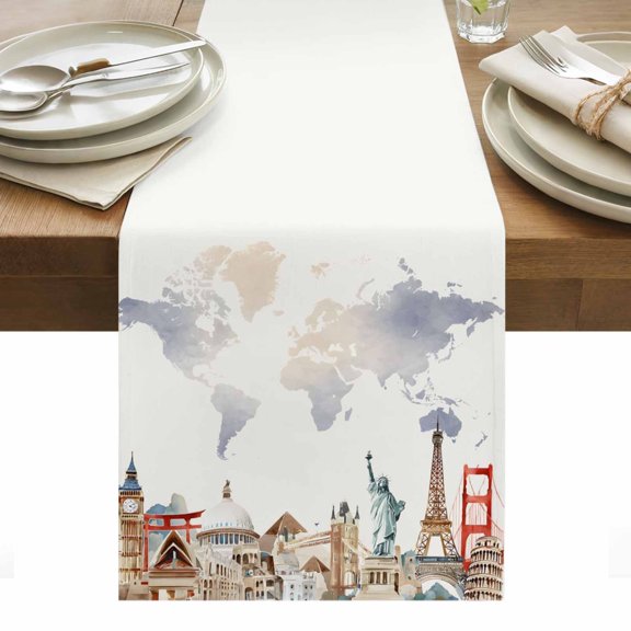 Table Runner 13x70in Inches Long, Retro Maps of The World Tourism Linen Washable Dresser Scarf Abstract Graffiti Texture Kitchen Dinning Tablerunners for Holiday/Party/Wedding/Home Tables Decor