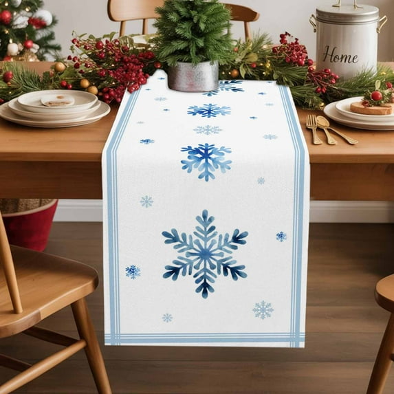 Table Runner 13x70in Inches Long, Watercolor Winter Blue SnowflakesLinen Washable Dresser Scarf Classic Geometric StripedKitchen Dinning Tablerunners for Holiday/Party/Wedding/Home Tables Decor
