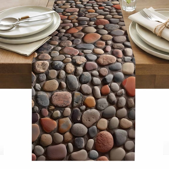 Table Runner 13x70in Long, Abstract Country Stones Linen Washable Dresser Scarf Cobblestones Pattern Kitchen Dinning Tablerunners for Holiday/Party/Wedding/Home Tables Decor