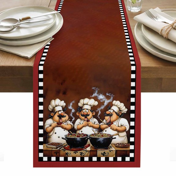Table Runner 13x70in Long, Fun Chef Food Kitchen Cooking Linen Washable Dresser Scarf Black White Checked Kitchen Dinning Tablerunners for Holiday/Party/Wedding/Home Tables Decor