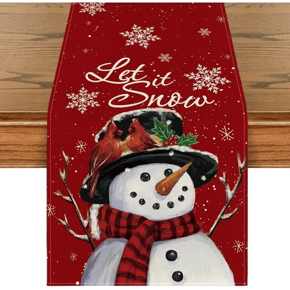 Table Runner 13x72 Inch,Red Snowman Let It Snow Winter, Seasonal Christmas Kitchen Dining Table Decoration for Home Party Indoor
