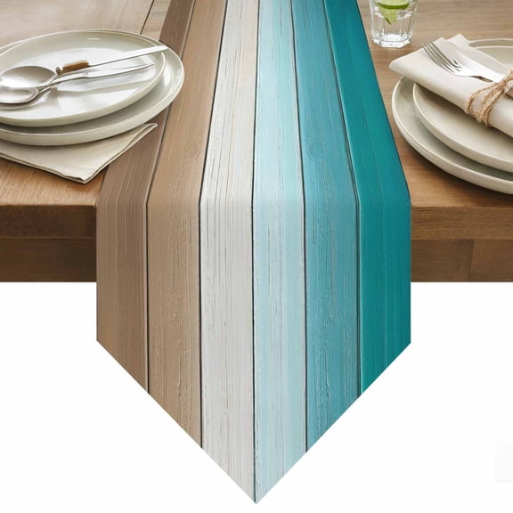 Table Runner 13x72 Inches Long Turquoise Wood Grain Runner for Table Brown Ombre Wooden Table Runners Cotton Linen Dresser Scarf for Kitchen Holiday Party Home Decor Inndoor Outdoor