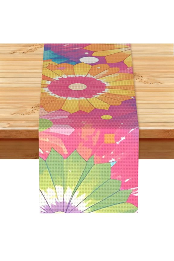 Table Runner 13x72in Linen Look Polyester Rustic Farmhouse Decor For Dining Table Kitchen Coffee Mantel Office Wedding Darkmagenta Tie-Dye Background Rainbow Colors (2)