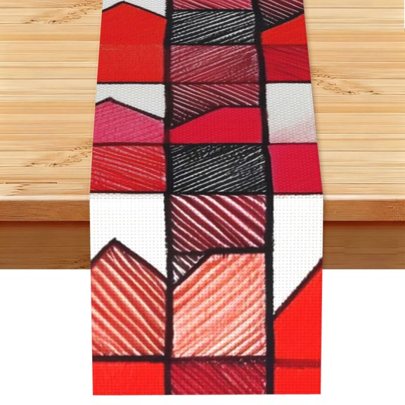 Table Runner 13x72in Linen Look Polyester Rustic Farmhouse Decor For Dining Table Kitchen Coffee Mantel Office Wedding Red Colorful Houndstooth Hand-Drawn Sketch_3