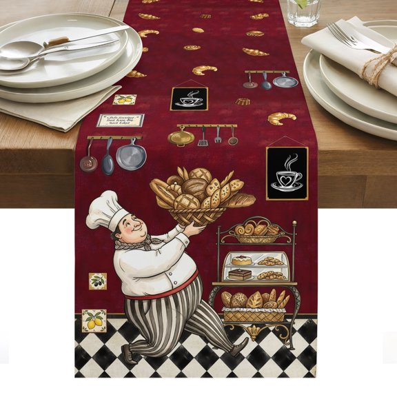 Table Runner 13x72in Long, Baking Chef Kitchen Art Linen Washable Dresser Scarf French Bread Dessert Rack Kitchen Dinning Tablerunners for Holiday/Party/Wedding/Home Tables Decor