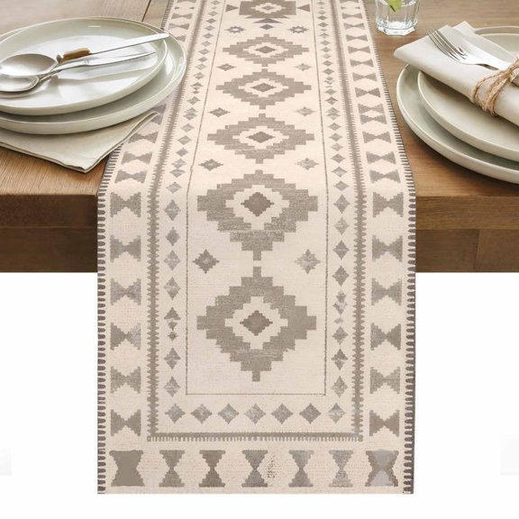 Table Runner 13x72in Long, RetroTribal Geometric Southwestern Linen Washable Dresser Scarf Aztec Tan Diamond Kitchen Dinning Tablerunners for Holiday/Party/Wedding/Home Tables Decor
