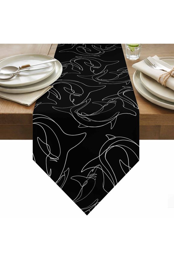 Table Runner 13x90 Inches Long Black Ocean Shark Runner for Table Abstract Lines Table Runners Cotton Linen Dresser Scarf for Kitchen Holiday Party Home Decor Inndoor Outdoor