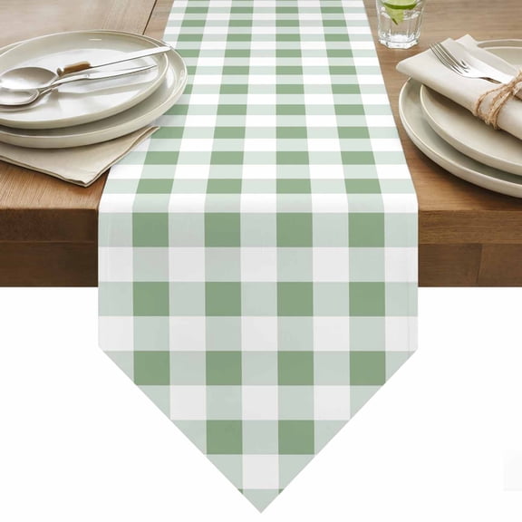 Table Runner 13x90 Inches Long Sage Green Buffalo Plaid Runner for Table Spring Watercolor Check Stripe Table Runners Cotton Linen Dresser Scarf for Kitchen Holiday Party Home Decor Inndoor Outdoor
