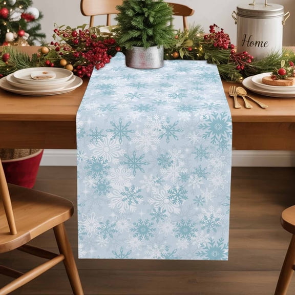 Table Runner 13x90in Inches Long, Christmas Snowflakes on BlueLinen Washable Dresser Scarf Winter Snow SeamlessKitchen Dinning Tablerunners for Holiday/Party/Wedding/Home Tables Decor