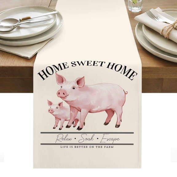 Table Runner 13x90in Inches Long, Country Pink Pig Farmhouse Theme Linen Washable Dresser Scarf Sweet Home Farm Text Animals Kitchen Dinning Tablerunners for Holiday/Party/Wedding/Home Tables Decor
